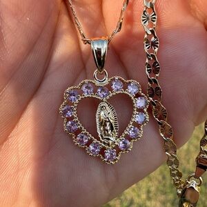 Gold Plated Heart Pendant Necklace with pink Accents Virgen Guadalupe